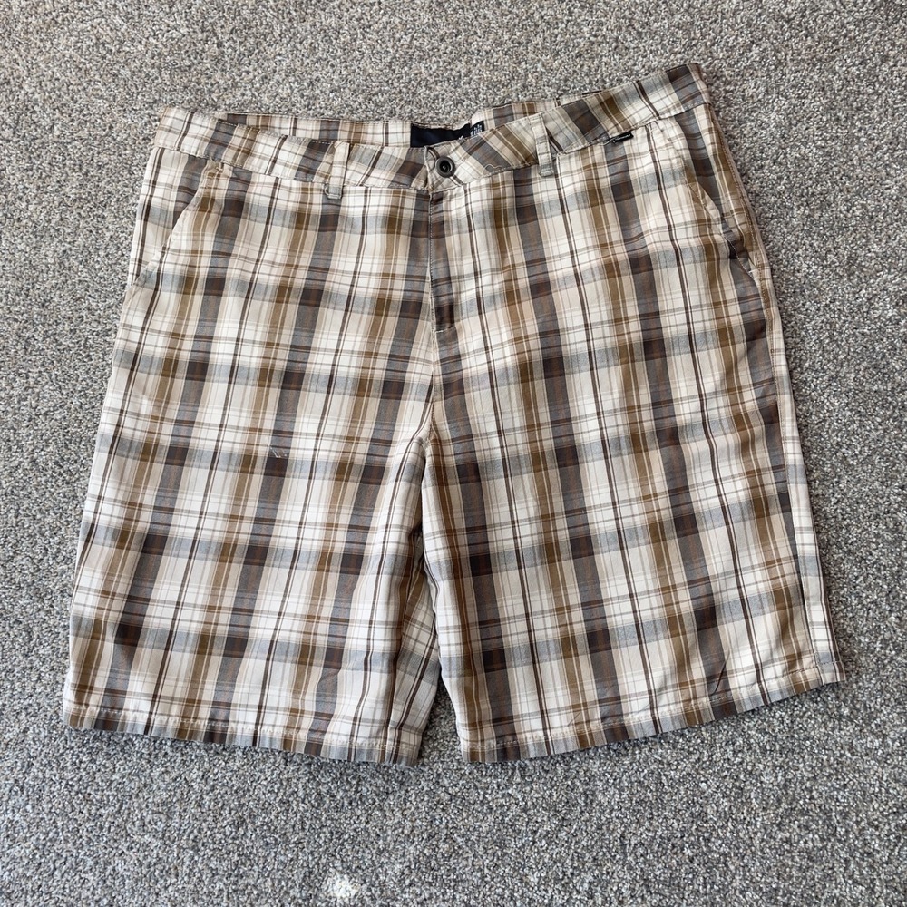 Hurley Mens Plaid Shorts Size 38 Brown Beige Casual Flat Front Chino Surf